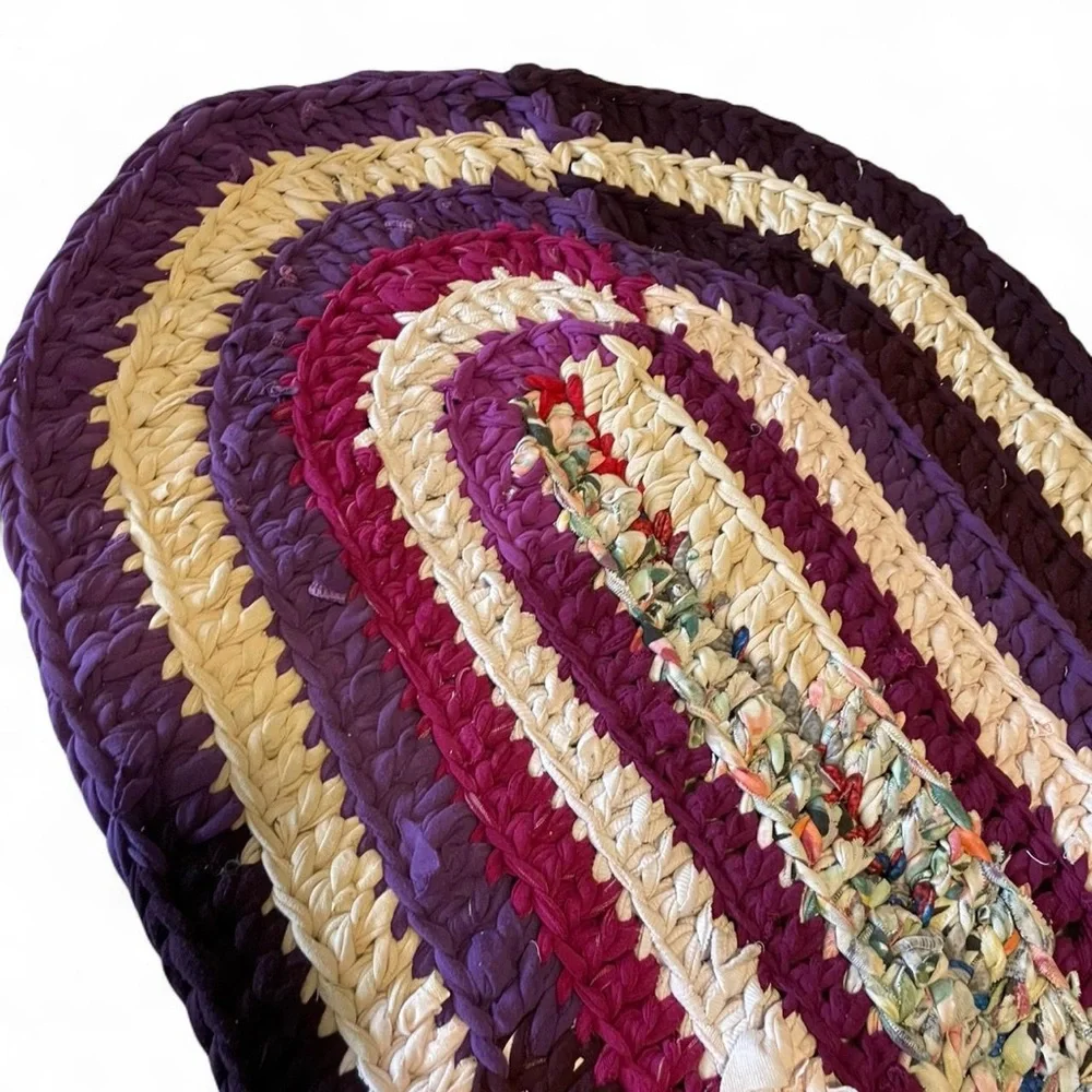 Handmade Purple Magenta Colorful Crocheted T-Shirt Knit Oval Rug Door Mat